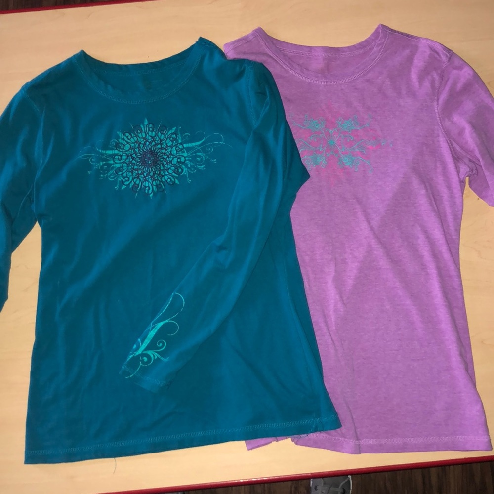Two Tek Gear Long-sleeve Graphic Shirts.